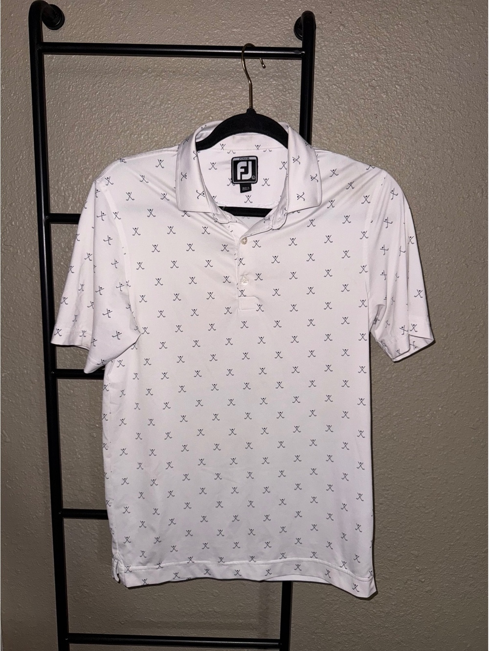 FootJoy Junior White Golf Polo Shirt with Golf Club Pattern, Size Large